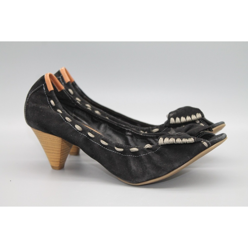 B Makowsky Black Suede Peep Toe Heels 8.5 M Pinup Rockabilly Retro Bow Pumps